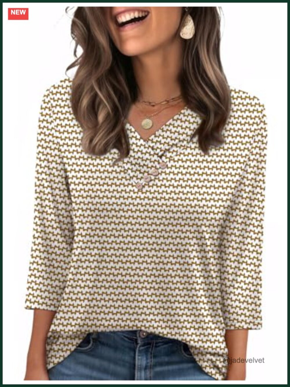 Women's V-Neck 3/4 Sleeve Button Down Shirt